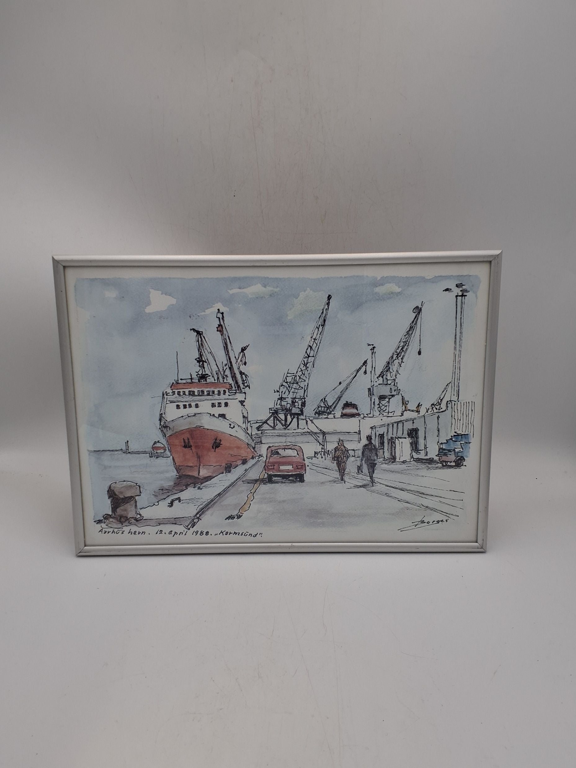 Akvarel Aarhus Havn 1988